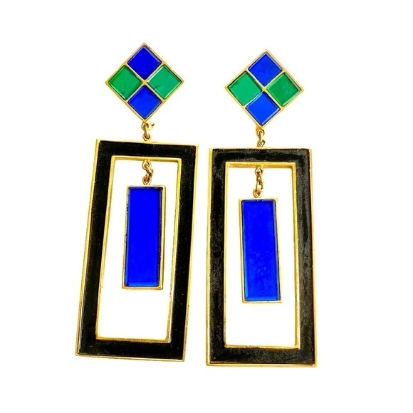 Crown Trifari Hall Of Mirrors Earrings Vintage 60s Estate Piece Blue Green - Picture 1 of 15